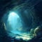 Cave underwater with sunlight. AI Generative