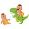 Caveman baby is playing with the green dinosaur