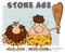 Caveman Couple Cartoon Mascot Characters With Brunette Woman Holding A Club And Text Stone Age