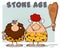 Caveman Couple Cartoon Mascot Characters With Red Hair Woman Holding A Club And Text Stone Age