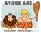 Caveman Couple Cartoon Mascot Characters With Woman Holding A Club And Text Stone Age