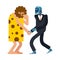 Caveman and Cyborg handshake. Robot and Prehistoric man contract. Artificial Intelligence and Ancient man. Vector illustration