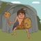 Caveman defends cave entrance, funny vector cartoon