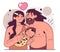 Caveman family. Prehistoric neanderthal couple with kid. Human evolution