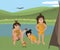 Caveman family at wild nature landscape vector cartoon