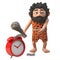Caveman prehistoric character in 3d smashes his alarm clock with a wooden club, 3d illustration
