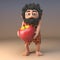 Caveman stone age character in animal pelt carries a giant red apple, 3d illustration