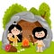 Cavemen family in a stone cave. Vector illustration