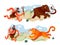 Cavemen hunting animals in Stone Age set. Prehistoric ancient history vector illustration. Men running after mammoth