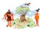 Cavemen in nature in Stone Age. Prehistoric ancient history vector illustration. Happy man and woman collecting branches