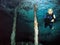 A Cavern Diver Poses Near Underwater Cave Columns