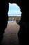 Caves Beach landscape framed, view from inside to rocks and sea