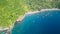 Caves on the rocky shore. Tropical paradise in Bali. Aerial drone View a cave on the coast of the Bali