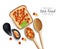 Caviar toast and wooden spoons Vector realistic. 3d illustrations