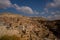 CAVUSIN, TURKEY: Top view of the fortress and the village Cavusin near Goreme in Cappadocia