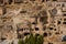 CAVUSIN, TURKEY: Top view of the village with houses in the rocks. Cavusin near Goreme in Cappadocia