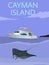 Cayman island travel poster with speed boat and stingray illustration