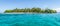 Cayo Levantado, Samana Bay, Dominican Republic. Panoramic view of Caribbean Islet with coconut palm trees and white sand beach.