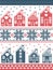 CChristmas and festive winter pattern in cross stitch style with gingerbread house village including decorative elements blue, red