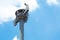 CCTV Pole and Bird`s Nest with blue sky. Close-up Closed circuit camera or Closed-circuit television cctv recording important