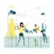 CCTV. Vector illustration of children swinging on a swing at a playground in kindergarten, video surveillance cameras shoot as a