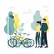 CCTV. Vector illustration A man and a woman stand near a bicycle parking with bicycles, a surveillance camera is being shot, on