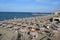 Cecina, Italy - August 17, 2020: Panoramic view of Marina di Cecina and of its seaside, Tuscany, Italy, beach, summer