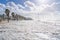 CECINA - TUSCANY - ITALY - NOVEMBER 3, 2023: The Terrazza dei Tirreni in Marina di Cecina invaded by sea waves during storm Ciaran