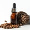 Cedar essential oil in small glass bottles on a white background. Cedar oil and nuts.