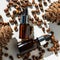 Cedar essential oil in small glass bottles on a white background. Cedar oil and nuts.