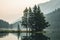 Cedar trees with reflections along the Two Jack Lake in Banff