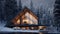 a cedar wooden house nestled in the mountains amidst a winter forest, highlighting the synergy between the natural