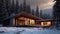 a cedar wooden house nestled in the mountains amidst a winter forest, highlighting the synergy between the natural
