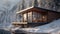 a cedar wooden house nestled in the mountains amidst a winter forest, highlighting the synergy between the natural
