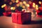 Celebrate gift box on the table with defocused bokeh light background. New year event and Christmas celebration concept.
