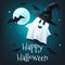 Celebrate Happy Halloween with this spooky vector illustration banner. A full moon, ghost in a witch hat, bats, haunting scene