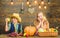 Celebrate harvest festival. Children presenting harvest vegetable wooden background. Kids girl boy fresh vegetables