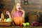 Celebrate harvest festival. Kid girl fresh vegetables harvest rustic style. Fall harvest holiday. Child presenting