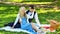 Celebrate love. Vintage style. Couple in love enjoying picnic time and food outdoors. Man and woman in love. Spring date