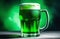 Celebrate with a vibrant green beer in a frosted mug, set against a mystical green haze