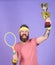 Celebrate victory. Tennis champion. Athletic man hold tennis racket and golden goblet. Win tennis game. Tennis player