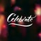 Celebrate word hand written on dark bokeh background with lights. Festive design for holidays.