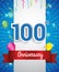 Celebrating 100th Anniversary logo, with confetti and balloons, red ribbon, Colorful Vector design template elements for your