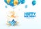 Celebrating of 2 th years birthday vector 3d illustration. Second anniversary celebration. Open gift box with explosions confetti