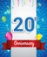 Celebrating 20th Anniversary logo, with confetti and balloons, red ribbon, Colorful Vector design template elements for your