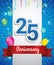 Celebrating 25th Anniversary logo, with confetti and balloons, red ribbon, Colorful Vector design template elements for your