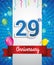 Celebrating 29th Anniversary logo, with confetti and balloons, red ribbon, Colorful Vector design template elements for your