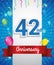 Celebrating 42nd Anniversary logo, with confetti and balloons, red ribbon, Colorful Vector design template elements for your