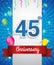 Celebrating 45th Anniversary logo, with confetti and balloons, red ribbon, Colorful Vector design template elements for your