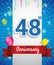 Celebrating 48th Anniversary logo, with confetti and balloons, red ribbon, Colorful Vector design template elements for your